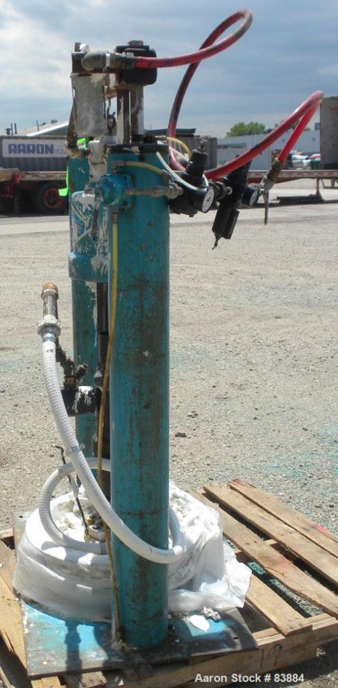 Used Johnstone Air Operated 55 Gallon Drum Unloading Pump, Model JPC 1001, Size S1-8-HDE. 8" Air motor, ratio 42:1, 20 psi to 100 psi operating range, 12 cubic inch volume per cycle. Base mounted.