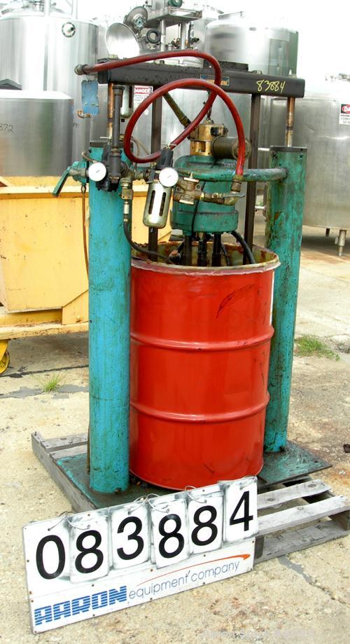 Used Johnstone Air Operated 55 Gallon Drum Unloading Pump, Model JPC 1001, Size S1-8-HDE. 8" Air motor, ratio 42:1, 20 psi to 100 psi operating range, 12 cubic inch volume per cycle. Base mounted.