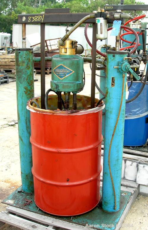 Used Johnstone Air Operated 55 Gallon Drum Unloading Pump, Model JPC 1001, Size S1-8-HDE. 8" Air motor, ratio 42:1, 20 psi to 100 psi operating range, 12 cubic inch volume per cycle. Base mounted.