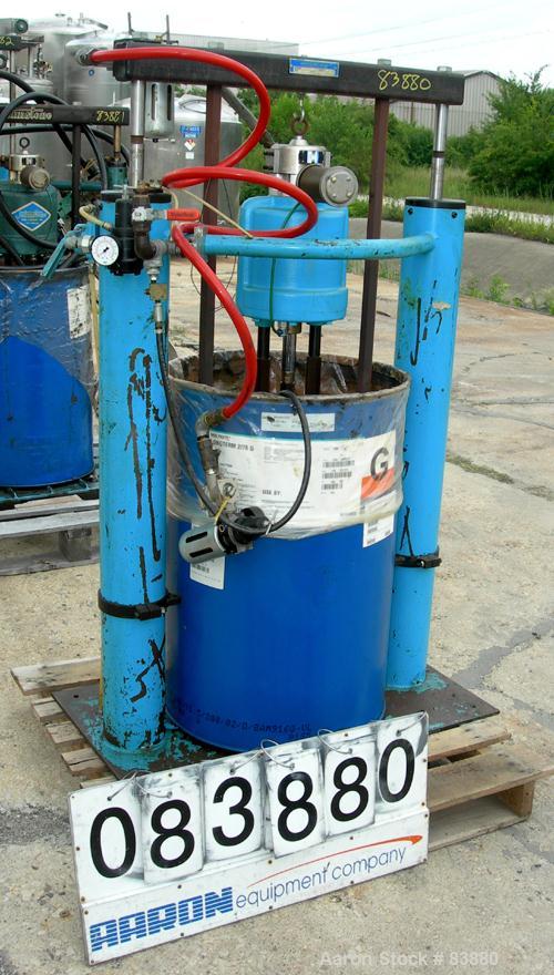 USED: Johnstone air operated 55 gallon drum unloading pump, model JPC 1001, size S1-8-HDE. 8" air motor, ratio 42:1, 20 psi to 100 psi operating range, 12 cubic inch volume per cycle. Base mounted.