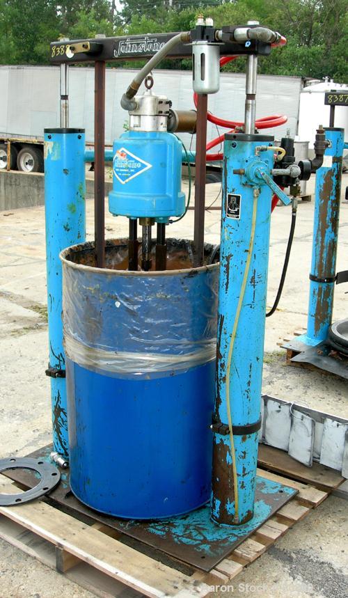USED: Johnstone air operated 55 gallon drum unloading pump, model JPC 1001, size S1-8-HDE. 8" air motor, ratio 42:1, 20 psi to 100 psi operating range, 12 cubic inch volume per cycle. Base mounted.