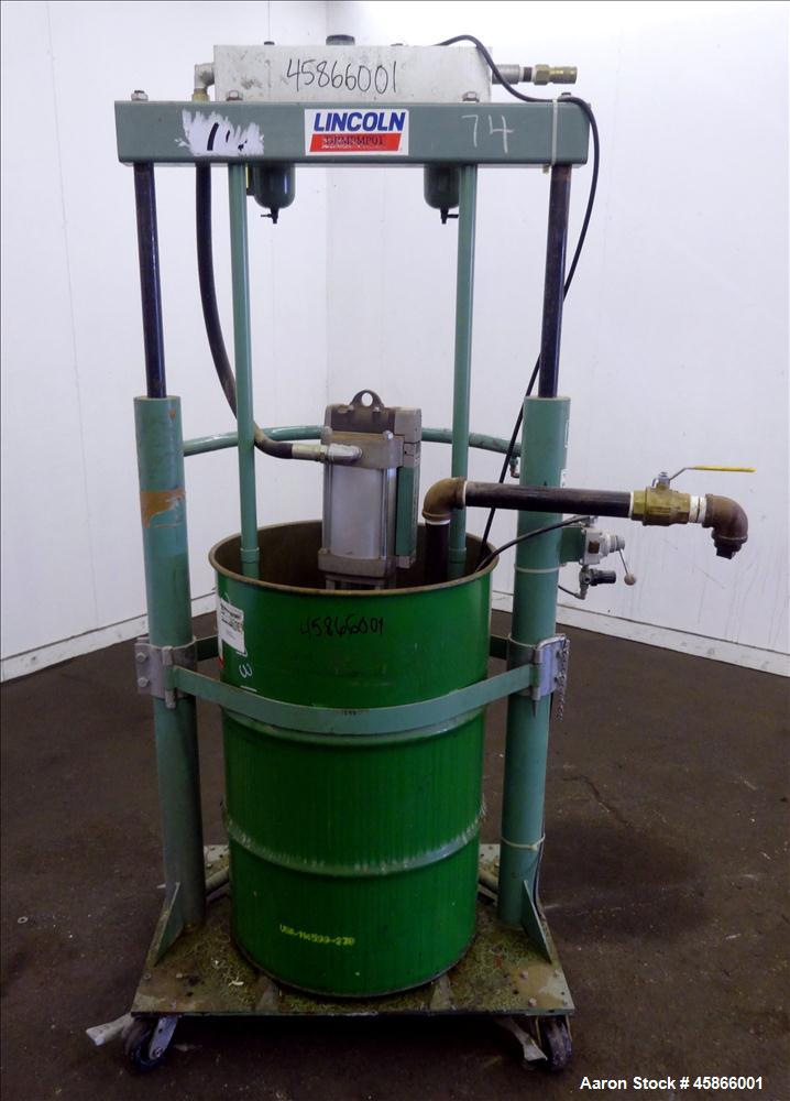Used Lincoln Industrial Twin Post 55 Gallon Drum Pump, Model 1735, Series G. Consists of: (1) Pump Tube, model 84902, series B. Air motor diameter 3", Pump tube style shovel, output per cycle 12 cubi...