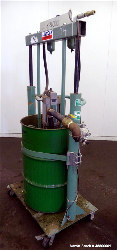 Used Lincoln Industrial Twin Post 55 Gallon Drum Pump, Model 1735, Series G. Consists of: (1) Pump Tube, model 84902, series B. Air motor diameter 3", Pump tube style shovel, output per cycle 12 cubi...