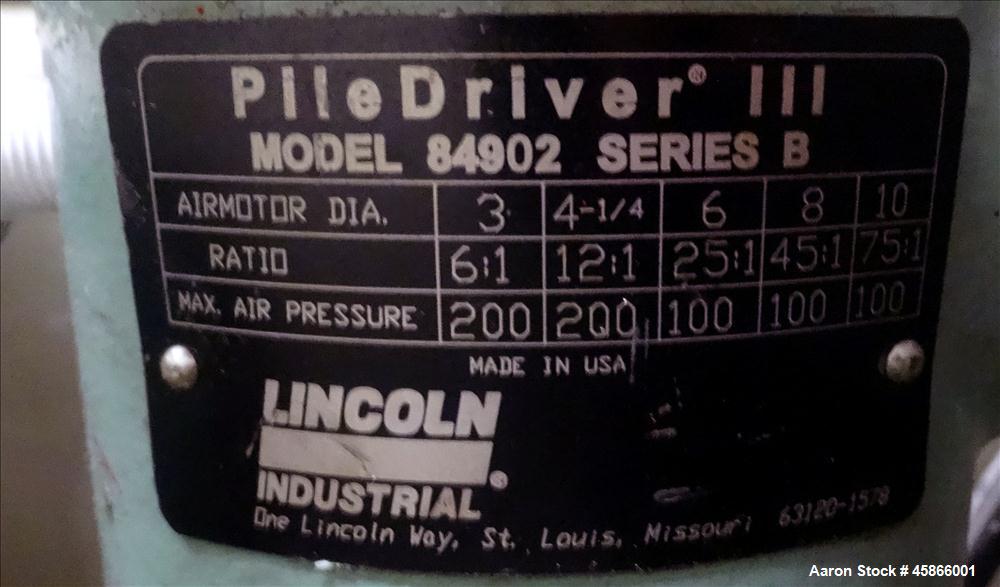 Used Lincoln Industrial Twin Post 55 Gallon Drum Pump, Model 1735, Series G. Consists of: (1) Pump Tube, model 84902, series B. Air motor diameter 3", Pump tube style shovel, output per cycle 12 cubi...