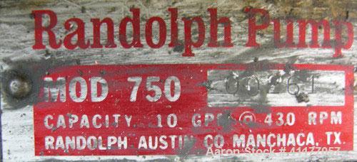 Used Randolph peristaltic pump, model 750, carbon steel construction. Hose capacities 1-1/16 OD, 3/4 ID to 15/16 OD, 5/8 ID. Rated 10 gallons per minute at 430 rpm. Driven by a 1/2 hp, 1/60/115/208-2...