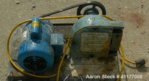 Used Randolph peristaltic pump, model 750, carbon steel construction. Hose capacities 1-1/16 OD, 3/4 ID to 15/16 OD, 5/8 ID. Rated 10 gallons per minute at 430 rpm. Driven by a 1/21 hp, 1/60/115/230 ...