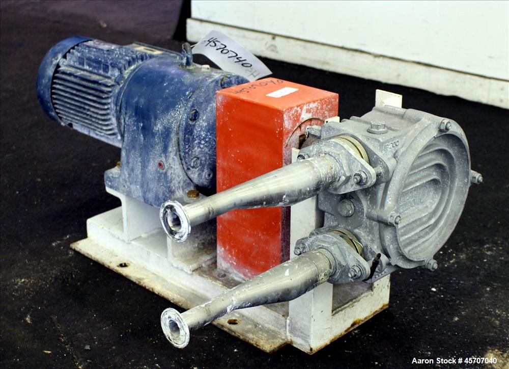 Used Alfa Laval/Depa Elro Peristaltic Hose Pump, Model IP 200, Aluminum Housing. Approximate 8.37 gallons per minute, maximum pressure 130 psi. 316 Stainless steel inlet/outlet pipe connections. Driv...