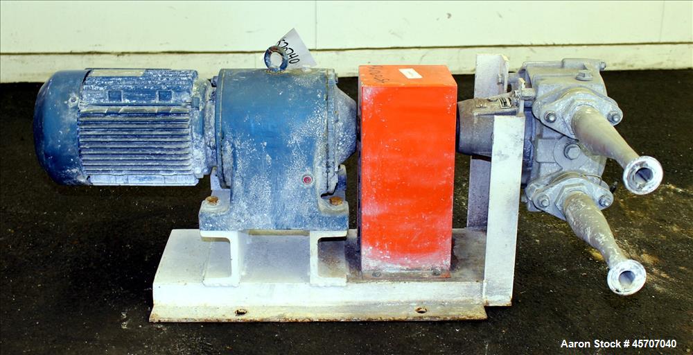 Used Alfa Laval/Depa Elro Peristaltic Hose Pump, Model IP 200, Aluminum Housing. Approximate 8.37 gallons per minute, maximum pressure 130 psi. 316 Stainless steel inlet/outlet pipe connections. Driv...