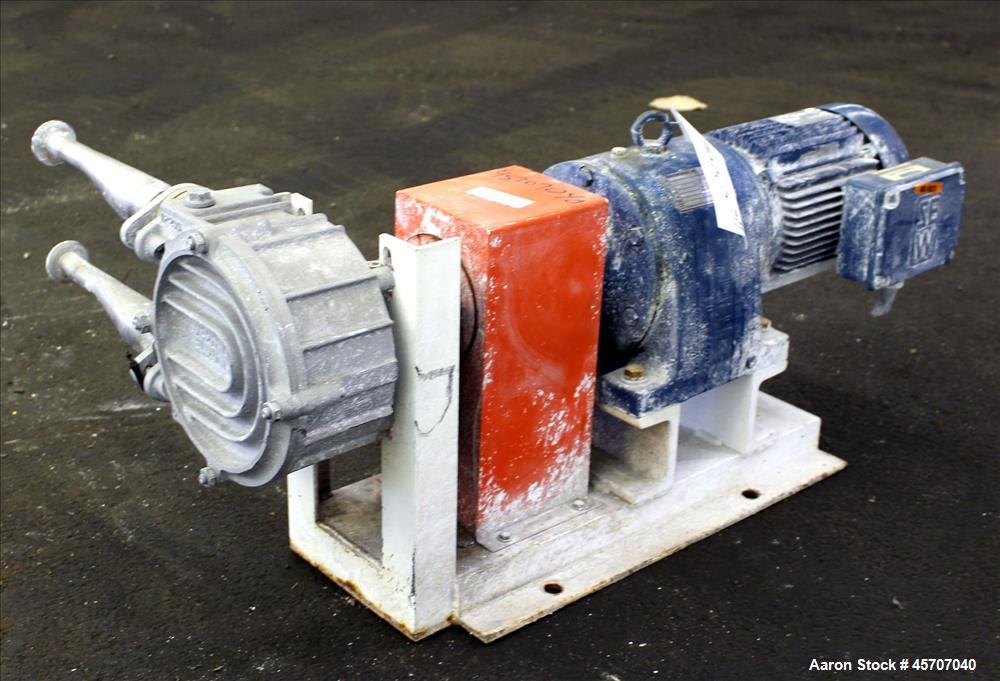 Used Alfa Laval/Depa Elro Peristaltic Hose Pump, Model IP 200, Aluminum Housing. Approximate 8.37 gallons per minute, maximum pressure 130 psi. 316 Stainless steel inlet/outlet pipe connections. Driv...