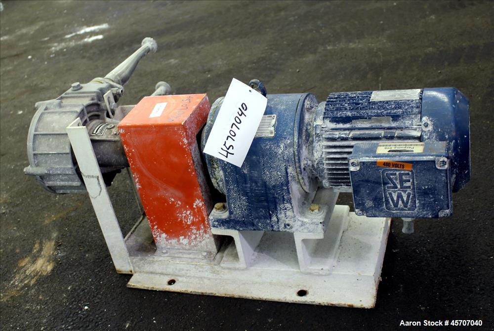 Used Alfa Laval/Depa Elro Peristaltic Hose Pump, Model IP 200, Aluminum Housing. Approximate 8.37 gallons per minute, maximum pressure 130 psi. 316 Stainless steel inlet/outlet pipe connections. Driv...