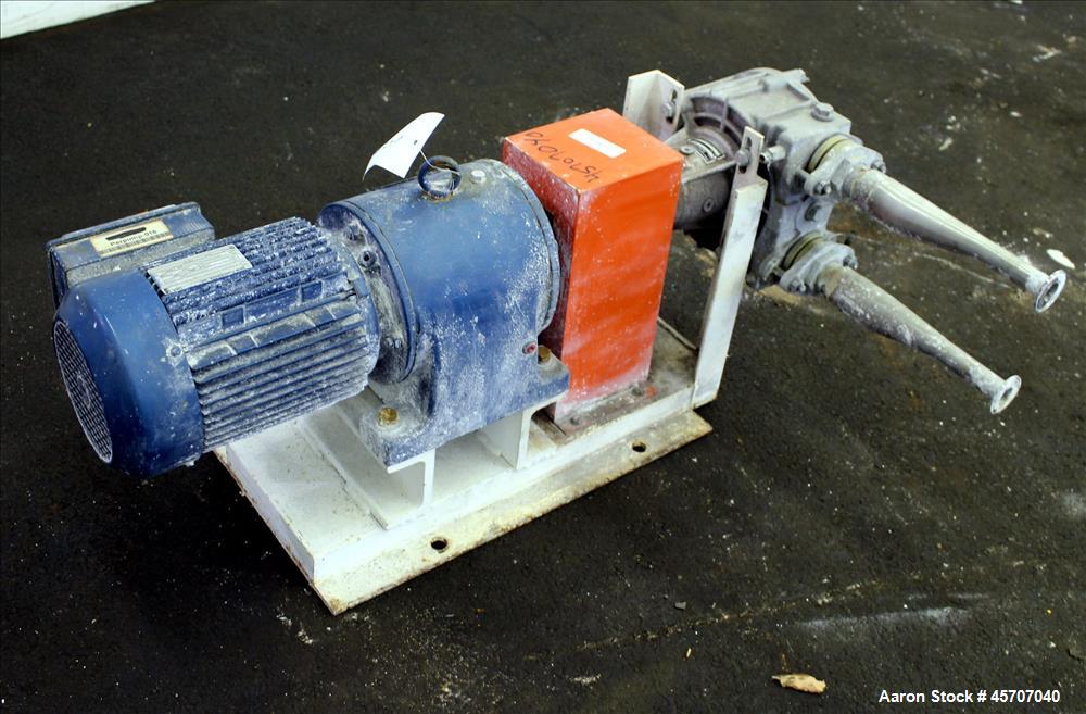 Used Alfa Laval/Depa Elro Peristaltic Hose Pump, Model IP 200, Aluminum Housing. Approximate 8.37 gallons per minute, maximum pressure 130 psi. 316 Stainless steel inlet/outlet pipe connections. Driv...