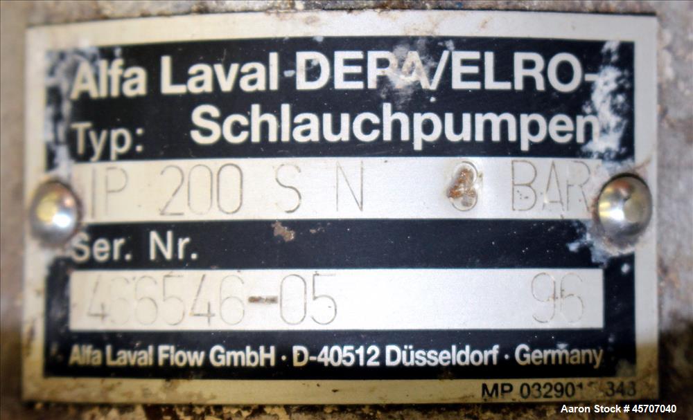 Used Alfa Laval/Depa Elro Peristaltic Hose Pump, Model IP 200, Aluminum Housing. Approximate 8.37 gallons per minute, maximum pressure 130 psi. 316 Stainless steel inlet/outlet pipe connections. Driv...