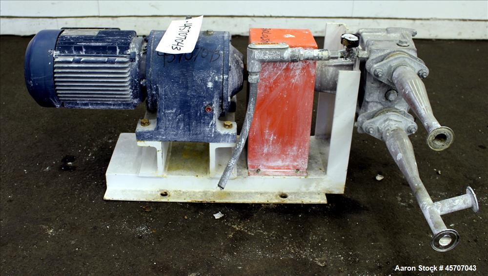 Used Alfa Laval/Depa Elro Peristaltic Hose Pump, Model IP 200, Aluminum Housing. Approximate 8.37 gallons per minute, maximum pressure 130 psi. 316 Stainless steel inlet/outlet pipe connections. Driv...