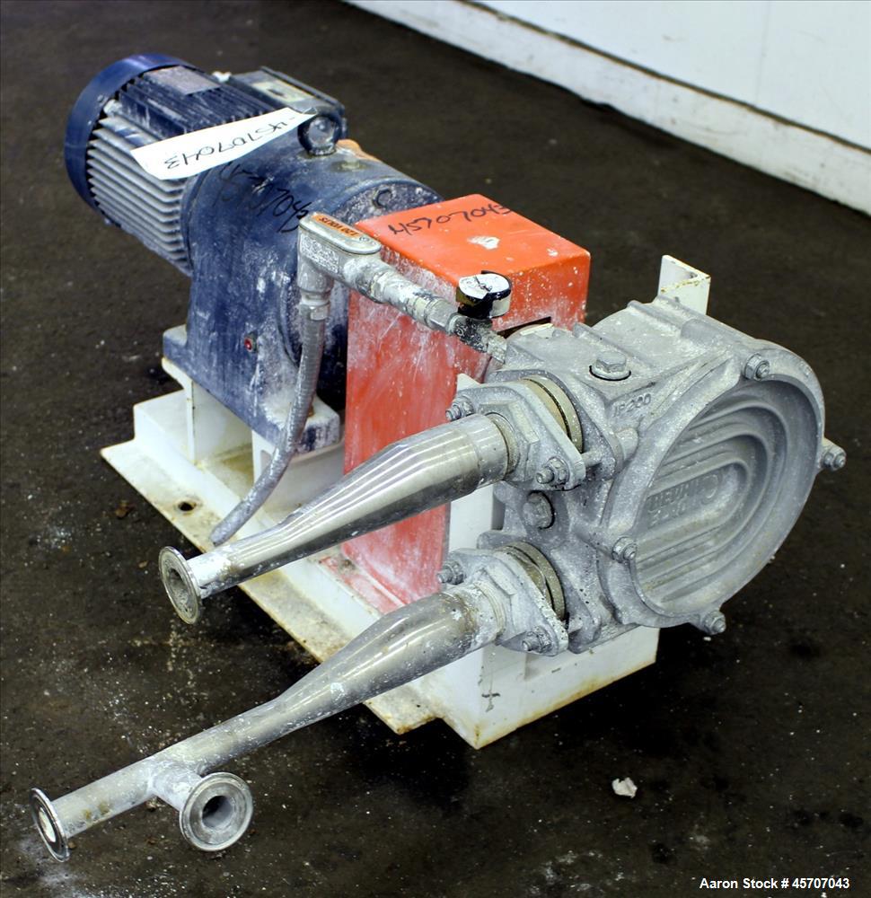 Used Alfa Laval/Depa Elro Peristaltic Hose Pump, Model IP 200, Aluminum Housing. Approximate 8.37 gallons per minute, maximum pressure 130 psi. 316 Stainless steel inlet/outlet pipe connections. Driv...