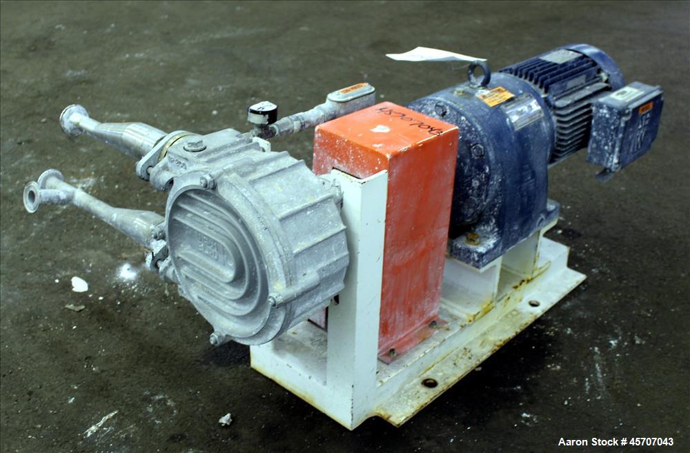 Used Alfa Laval/Depa Elro Peristaltic Hose Pump, Model IP 200, Aluminum Housing. Approximate 8.37 gallons per minute, maximum pressure 130 psi. 316 Stainless steel inlet/outlet pipe connections. Driv...