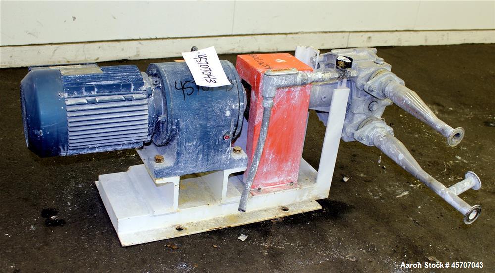 Used Alfa Laval/Depa Elro Peristaltic Hose Pump, Model IP 200, Aluminum Housing. Approximate 8.37 gallons per minute, maximum pressure 130 psi. 316 Stainless steel inlet/outlet pipe connections. Driv...