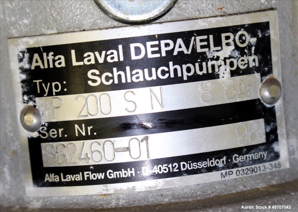 Used Alfa Laval/Depa Elro Peristaltic Hose Pump, Model IP 200, Aluminum Housing. Approximate 8.37 gallons per minute, maximum pressure 130 psi. 316 Stainless steel inlet/outlet pipe connections. Driv...