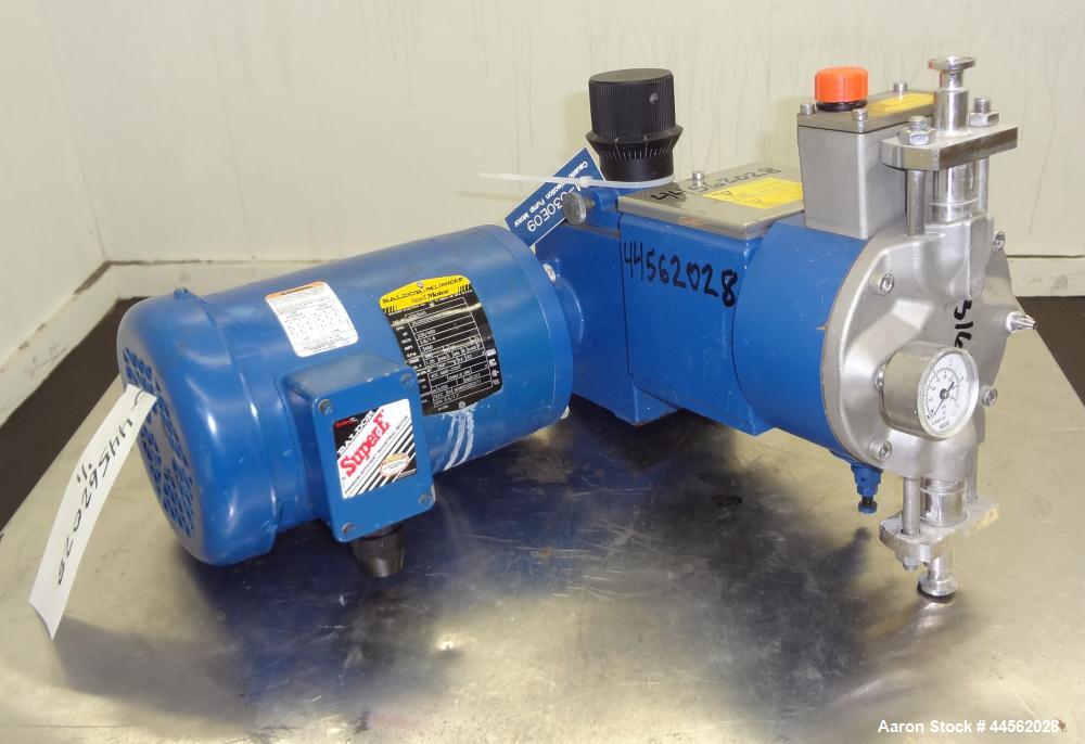 Used Bran+Luebbe Metering Pump, Model P31 39/2, 316 Stainless Steel. Approximate gallons per hour. Approximate ½” inlet outlet, driven by a 1hp, 3/60/230/460 volt, 3450 rpm motor.