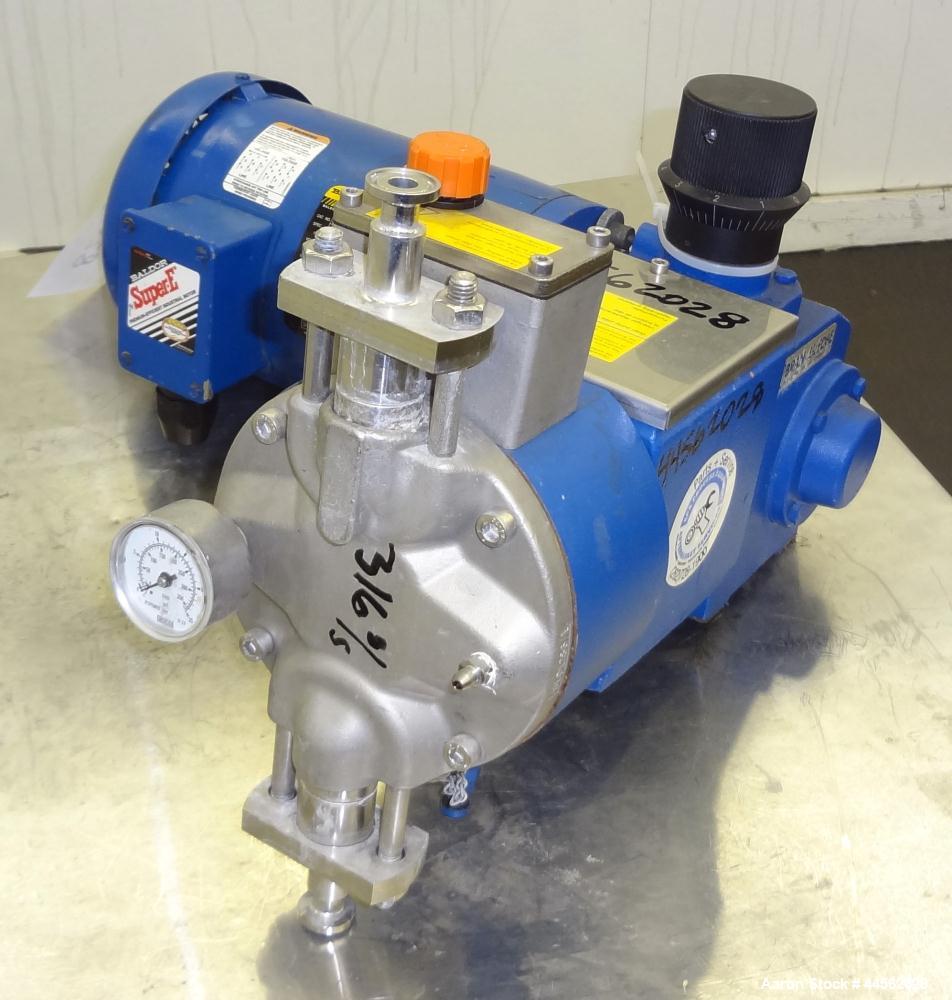 Used Bran+Luebbe Metering Pump, Model P31 39/2, 316 Stainless Steel. Approximate gallons per hour. Approximate ½” inlet outlet, driven by a 1hp, 3/60/230/460 volt, 3450 rpm motor.