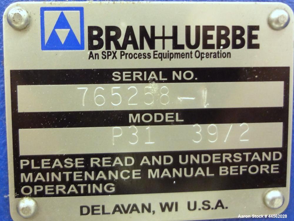 Used Bran+Luebbe Metering Pump, Model P31 39/2, 316 Stainless Steel. Approximate gallons per hour. Approximate ½” inlet outlet, driven by a 1hp, 3/60/230/460 volt, 3450 rpm motor.