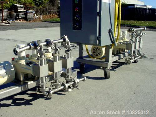 Used Bran & Lubbe 3 head metering/proportioning pump, type VE-P33. Driven by a 1 hp, 3/60/208-230-460 volt "wash down" motor. Mounted on stainless steel portable base with casters and motor starter. ...