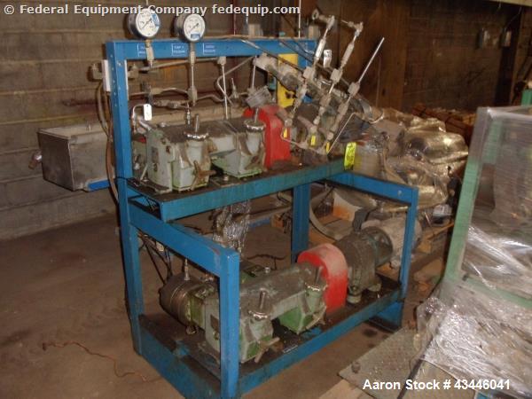 Used Lewa pump skid with (2) type HM2, rated 190 stokes/minute, 900 kg max plunger load with 5/3 hp, 90/460 volt xp motor drive, serial# 76479, 100.535.