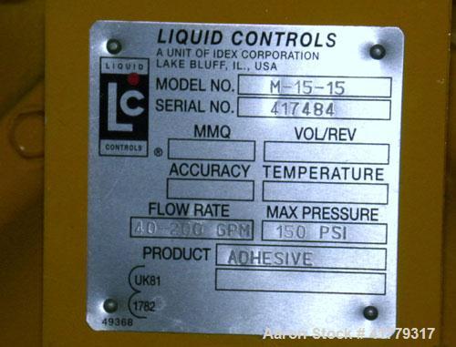 Used Liquid Controls Group Positive Displacement Meter, Model M-15-15. Flow rate 40-200 gallons per minute, maximum pressure 150 psi. Includes a  meter register.