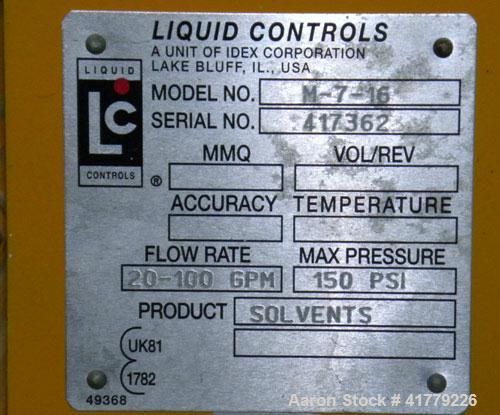 Used Liquid Controls Group Positive Displacement Meter, Model M-7-16. Flow rate 20-100 gallons per minute, maximum pressure 150 psi. Includes a  meter register.