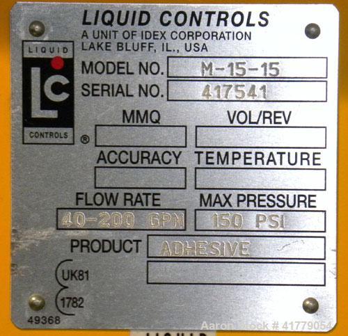 Used Liquid Controls Group Positive Displacement Meter, Model M-15-15. Flow rate 40-200 gallons per minute, maximum pressure 150 psi. Includes a  meter register.