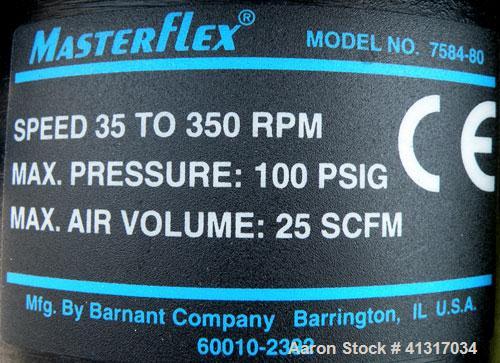 Used Masterflex Peristolic Pump, Model 7584-80. Rated 25 scfm maximum air, 100 psi max, speed 35-350 rpm. (2) 7/8", and (2) 1 1/4" side openings. Driven by an air operated motor. Mounted on a carbon ...