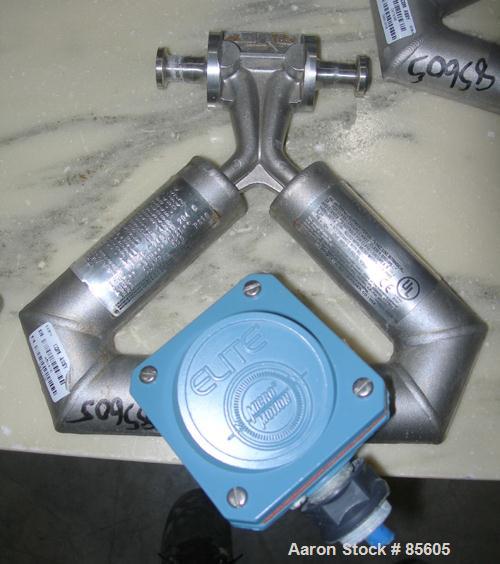 USED: Micro Motion flow meter, model CMF025M321MU, 316 stainless steel product contact areas. Flow cal 4.29034-75, dens flow 06276074414.44. Rated volume 10 gallons per minute, mass 80 pounds per min...