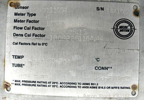 Used- Micro Motion Flow Meter, Model DS600S165R, Type 8, 316L Stainless Steel Product Contact Areas. Flow cal factor 1562.25...