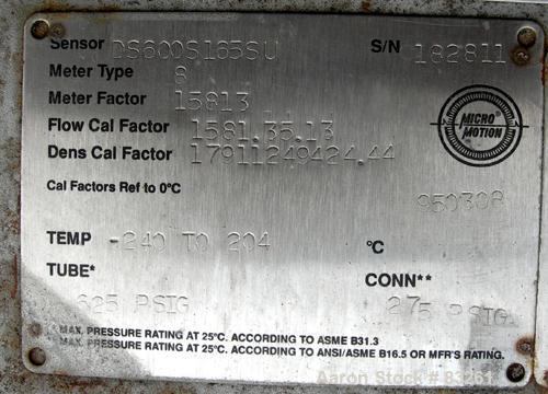 USED: Micro Motion Fow Meter, model DS600S165R, type 8. 316L stainless steel product contact areas. Flow cal factor 1562.25.13, dens flow factor 18082251164.44, meter factor 15622. Rated volume 0 to ...