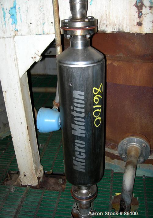 Used Micro Motion Straight Tube Flow Meter, model T150T641SQBAEZZZ. 316L stainless steel product contact areas. Rated volume 0 to 383 gallons per minute, mass 0 to 3200 pounds per minute. 1-1/2" inle...