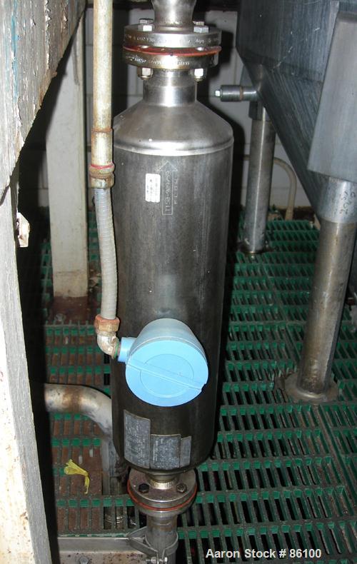 Used Micro Motion Straight Tube Flow Meter, model T150T641SQBAEZZZ. 316L stainless steel product contact areas. Rated volume 0 to 383 gallons per minute, mass 0 to 3200 pounds per minute. 1-1/2" inle...