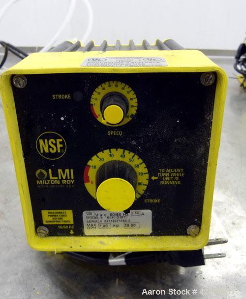 Used LMI Milton Roy Chemical Metering Pump, Model B141-318TI. PVC molded head. Rated 0.007 gallons per minute (7 gallons per hour) at 30 psi. 110-120 volt, connections 0.5” OD tubing.