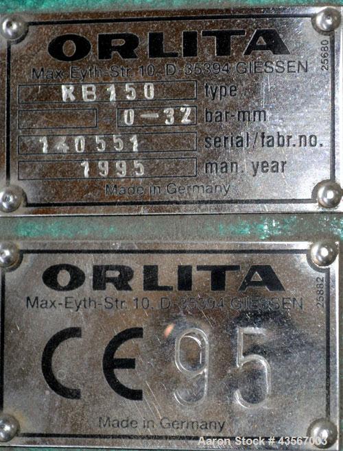 Used Orlita Crank Drive Valveless Plunger Metering Pump, Type DK 32.18, Stainless Steel. Type RB150 crank drive. Stroke length 0-32 mm, approximately 100 liters an hour (0.44 gallons per minute) at 1...