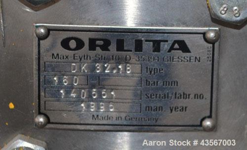 Used Orlita Crank Drive Valveless Plunger Metering Pump, Type DK 32.18, Stainless Steel. Type RB150 crank drive. Stroke length 0-32 mm, approximately 100 liters an hour (0.44 gallons per minute) at 1...