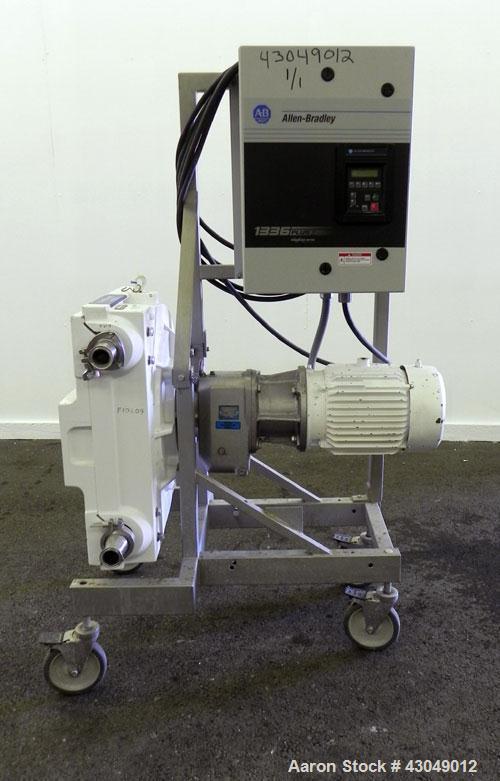 Used Waston-Marlow Hose Pump. 2’’ Tri-clamp inlet/outlet. Driven by a 5 hp, 3/60/230/460 volt, 1750 rpm gear motor, ratio 37.23 to 1. Includes an Allen-Bradley 1336 Plus II drive. Mounted on a stainl...