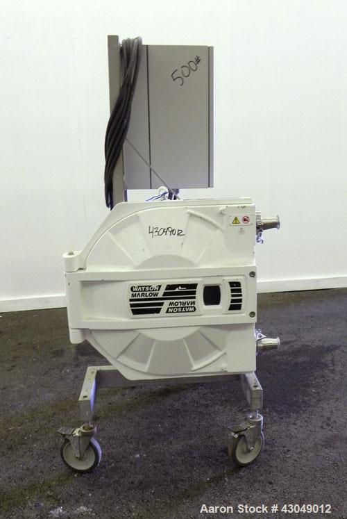 Used Waston-Marlow Hose Pump. 2’’ Tri-clamp inlet/outlet. Driven by a 5 hp, 3/60/230/460 volt, 1750 rpm gear motor, ratio 37.23 to 1. Includes an Allen-Bradley 1336 Plus II drive. Mounted on a stainl...