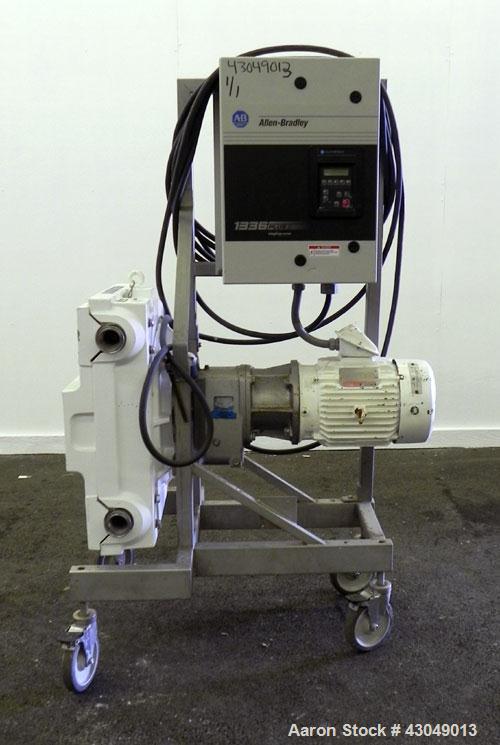 Used Waston-Marlow Hose Pump. 2’’ Tri-clamp inlet/outlet. Driven by a 5 hp, 3/60/230/460 volt, 1750 rpm gear motor, ratio 37.23 to 1. Includes an Allen-Bradley 1336 Plus II drive. Mounted on a stainl...