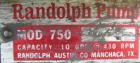Used Randolph peristaltic pump, model 750, carbon steel construction. Hose capacities 1-1/16 OD, 3/4 ID to 15/16 OD, 5/8 ID. Rated 10 gallons per minute at 430 rpm. Driven by a 1/2 hp, 1/60/115/208-2...