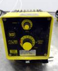 Used LMI Milton Roy Chemical Metering Pump, Model B141-318TI. PVC molded head. Rated 0.007 gallons per minute (7 gallons per hour) at 30 psi. 110-120 volt, connections 0.5” OD tubing.