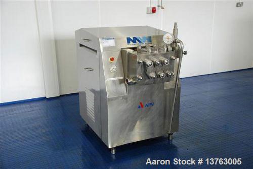 Used APV Gaulin MCP7 High Pressure Pump, capacity 1453 gallons/hour (5500 liters/hour). Maximum working pressure 725 psi (50 bar), piston diameter 2.36" (60 mm), 24 hp/18 kW motor, stainless steel cl...