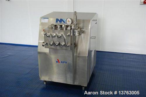 Used APV Gaulin MCP7 High Pressure Pump, capacity 1453 gallons/hour (5500 liters/hour). Maximum working pressure 725 psi (50 bar), piston diameter 2.36" (60 mm), 24 hp/18 kW motor, stainless steel cl...