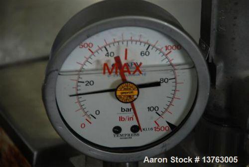 Used APV Gaulin MCP7 High Pressure Pump, capacity 1453 gallons/hour (5500 liters/hour). Maximum working pressure 725 psi (50 bar), piston diameter 2.36" (60 mm), 24 hp/18 kW motor, stainless steel cl...