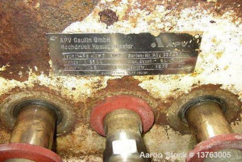Used APV Gaulin MCP7 High Pressure Pump, capacity 1453 gallons/hour (5500 liters/hour). Maximum working pressure 725 psi (50 bar), piston diameter 2.36" (60 mm), 24 hp/18 kW motor, stainless steel cl...