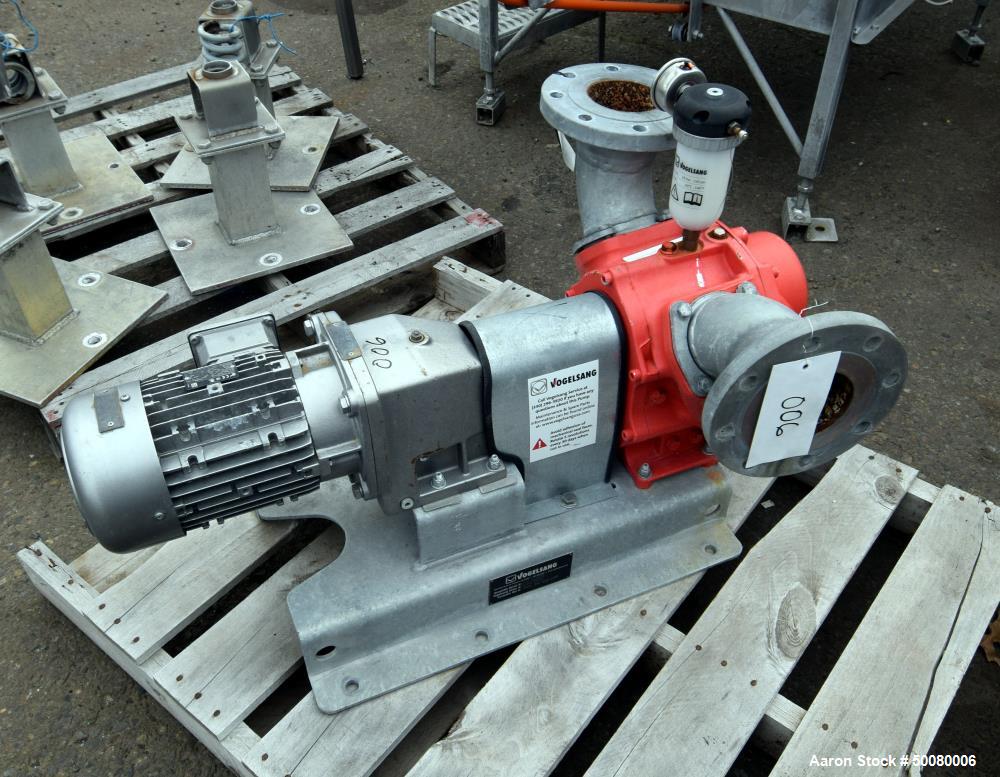 Used- Vogelsang Universal Rotary Lobe Pump, Carbon Steel. Approximate 340 gallons per minute. Driven by a 5hp, 3/60/230/460 ...