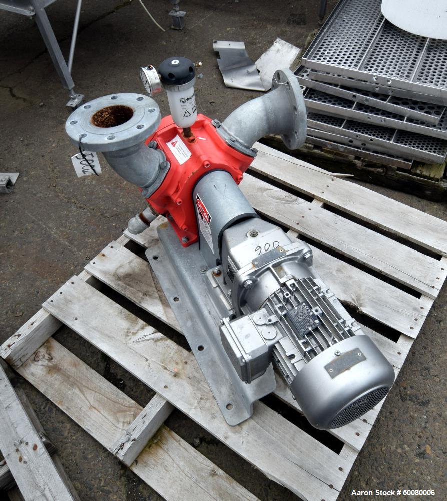Used- Vogelsang Universal Rotary Lobe Pump, Carbon Steel. Approximate 340 gallons per minute. Driven by a 5hp, 3/60/230/460 ...
