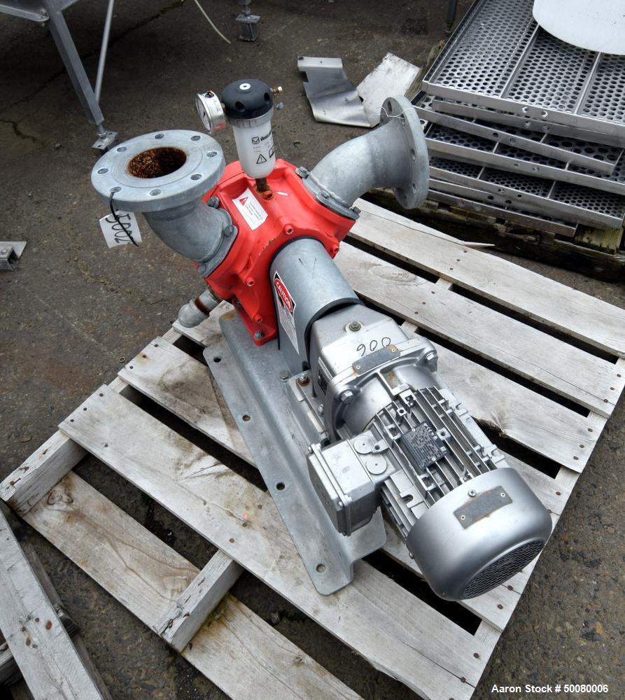Used Vogelsang Universal Rotary Lobe Pump, Carbon Steel. Approximate 340 gallons per minute. Driven by a 5hp, 3/60/230/460 volt, 1725 rpm gear motor, ratio 5.79 to 1. Base mounted. Serial# 11-06408.
